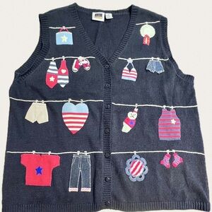 VINTAGE clothes laundry line knit sweater‎ button cardigan patriotic Americana